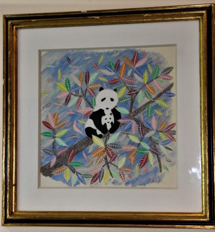 Nice Signed Henri Maik: Signed Henri Maik painting of a panda and a cub in a tree. Very colorful and well done. Written on back "Le Vent". 17" wide, 17" tall.