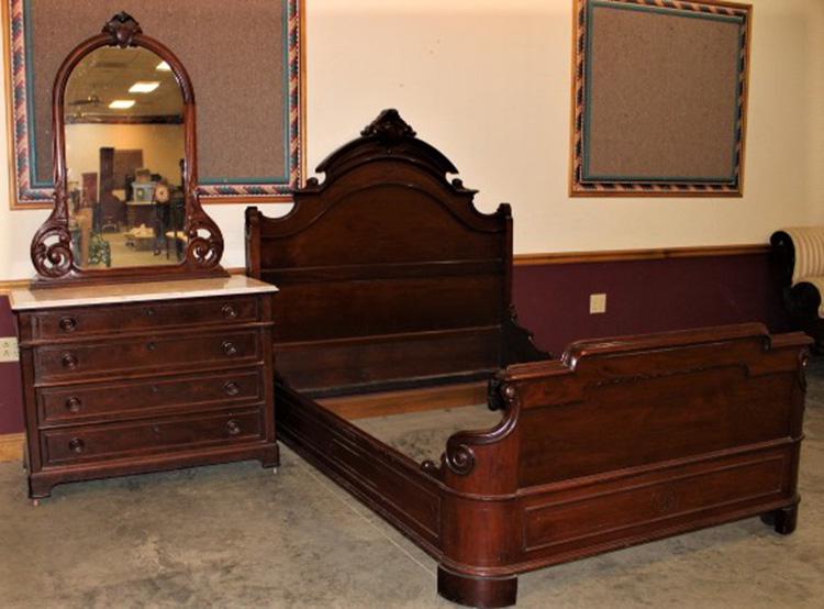 2 Piece Marble Top Bedroom Set: 2 piece marble top bedroom set. Very clean with original bolts and casters and curved foot board. 60" wide, 64" tall, 83" deep.