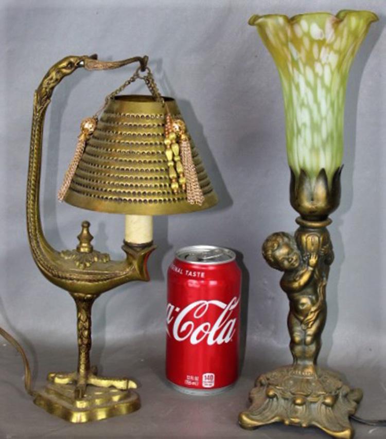 2 Nice Lamps (1) with Bird (1) with Cupid: 2 nice lamps (1) with bird (1) with cupid. Not antique but they have age - probably 30 to 40 years old. 13" tall.