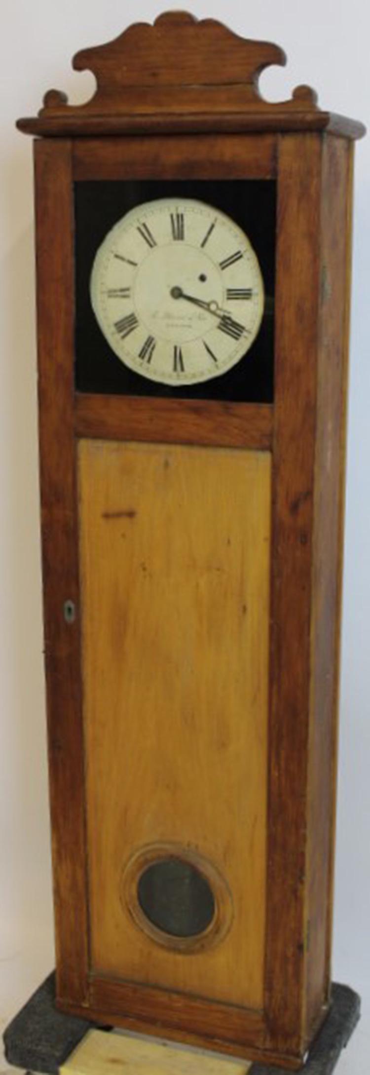 53" E-Howard and Co. Boston Clock: 53" E-Howard and Co. Boston, MA clock. Weight driven with original label in the case. Works are also signed. Case needs work. 16" wide, 53" tall, 7" deep.