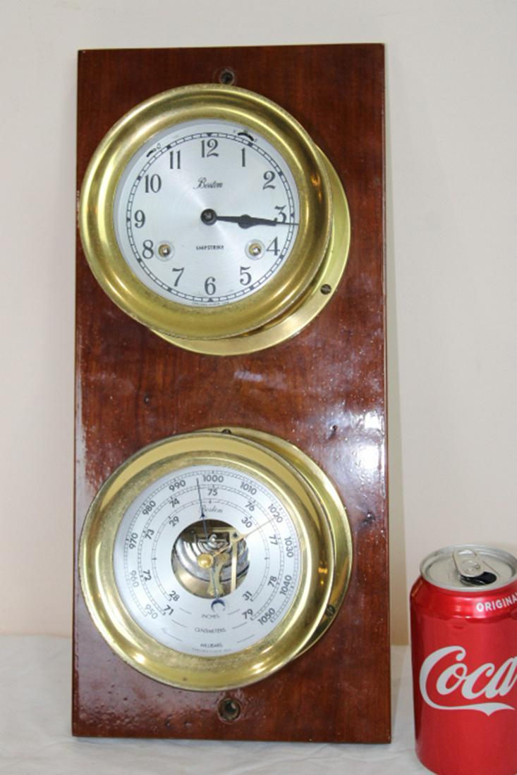 Clock Barometer by Chelsea Clocks: Clock and barometer marked Boston Chelsea Clocks. 7" wide, 16" tall, 5" deep.