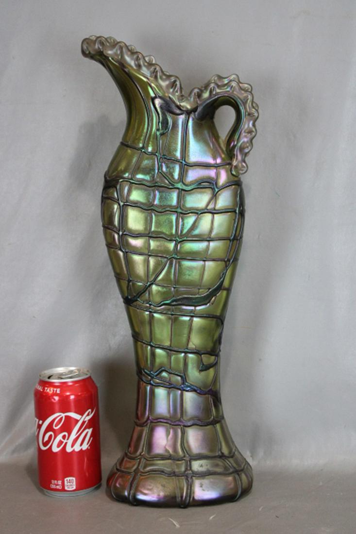 Spectacular 18" Loetz Quality Art Glass Ewer: Spectacular 18" Loetz quality art glass ewer. Victorian old with polished pontil and original label. 7" wide, 18" tall, 3" deep.