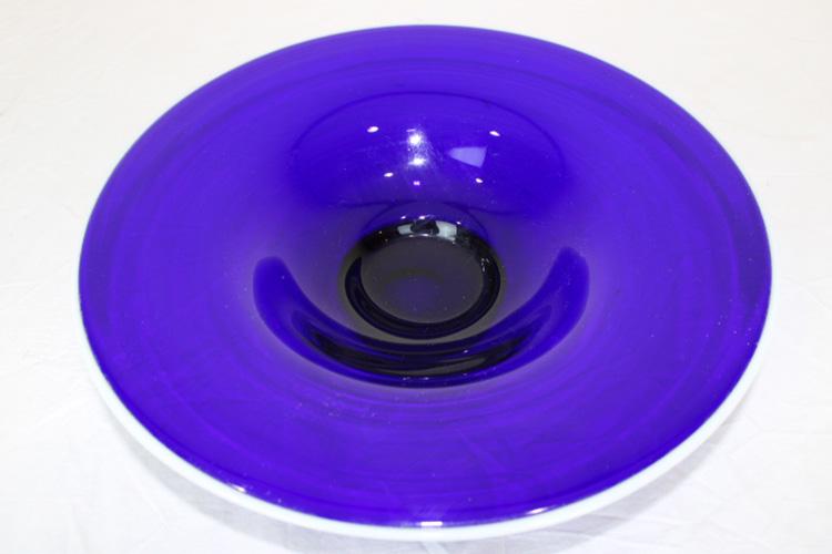 Super 14" Cobalt Blue Pairpoint Bowl: Super 14" cobalt blue with applied white ridge. Unsigned Pairpoint with polished pontil.