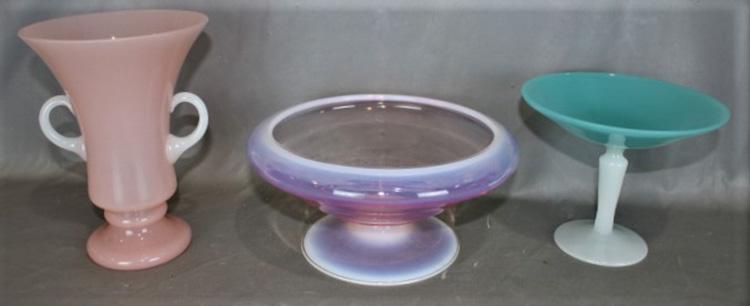 3 Pieces of Nice Art glass (Steuben?): 3 pieces of nice art glass, possibly Steuben. (1) pink vase calcite colored with applied handles, (1) green compote with applied calcite colored pedestal opalescent over pink center bowl. All perfect,