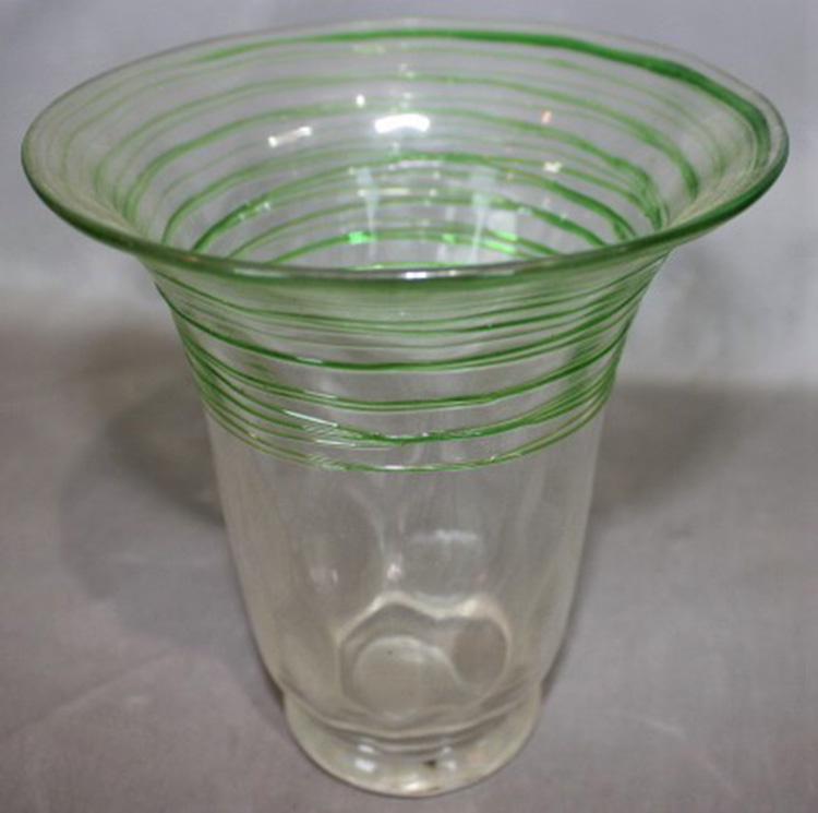 Signed Steuben Art Glass Vase: Signed Steuben art glass vase in the threading and reeding pattern. No chips or cracks. 5" wide, 5 1/2" tall.