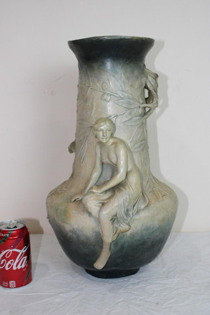 Large Heavy Nouveau Vase: Heavy nouveau vase with sitting women and floral motif signed and foundry marks underneath. 10" wide, 18" tall.