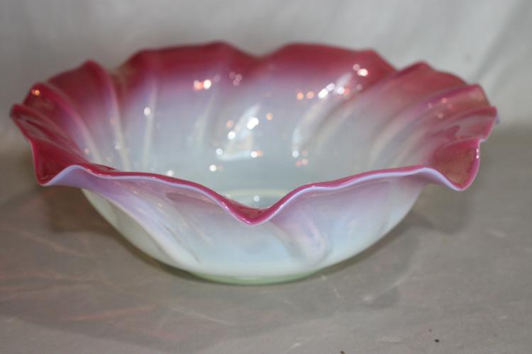 Large 11" Unusual Steuben Bowl: Large unsigned 11" Steuben bowl - opalescent to pink with polish pontil. Small flea bite (see photo).