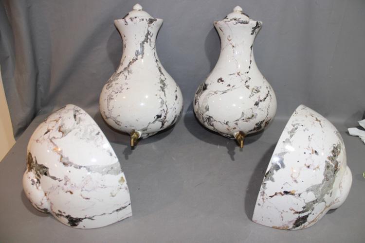 2 Vintage Lavabos: 2 vintage lavabos with marbleized finish. In nice condition. Small chip on back of 1 (see photo). 9" wide, 16" tall, 8" deep.