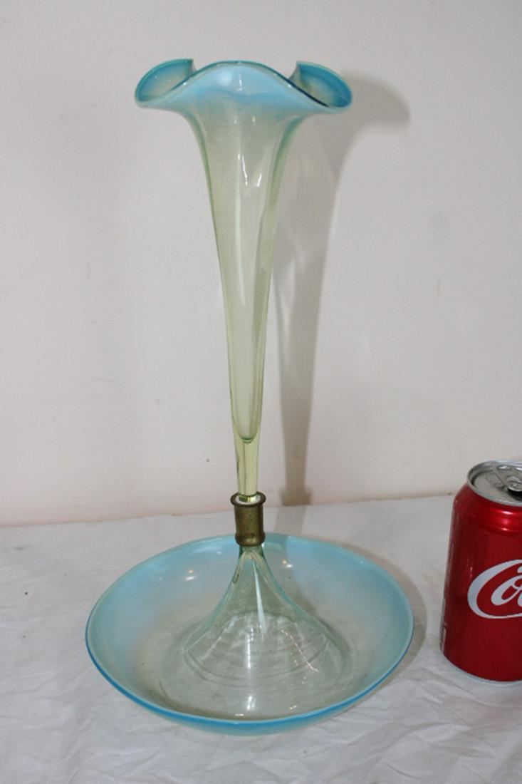 14" Green to Blue Opalescent Epergne: nice 14" green to blue opalescent epergne. No chips or cracks. 8" wide, 14" tall.