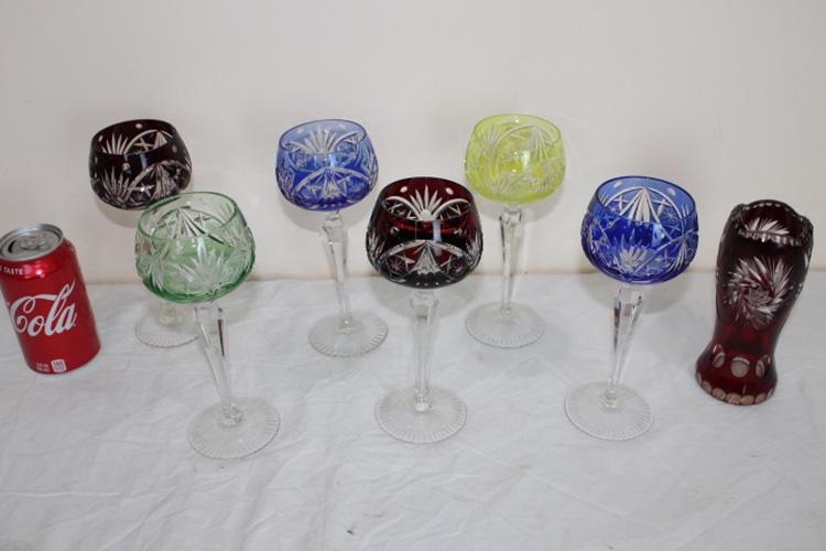 6 Fine Hock Wine Goblets: 6 fine hock wine goblets with finely cut designs and a red to clear cut vase. All good, real nice.