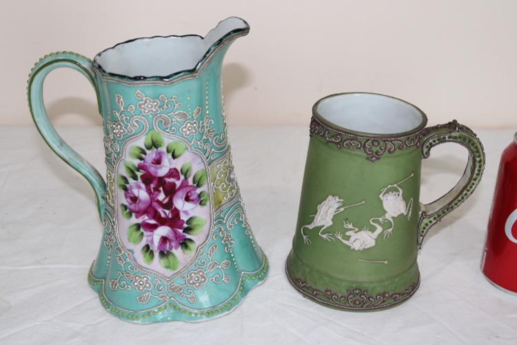 2 Nice Pieces of Nippon Moriage (1) with Frogs: 2 nice pieces of unsigned Nippon Moriage. (1) mug with fighting frogs. Small piece of Moriage missing (see photo).