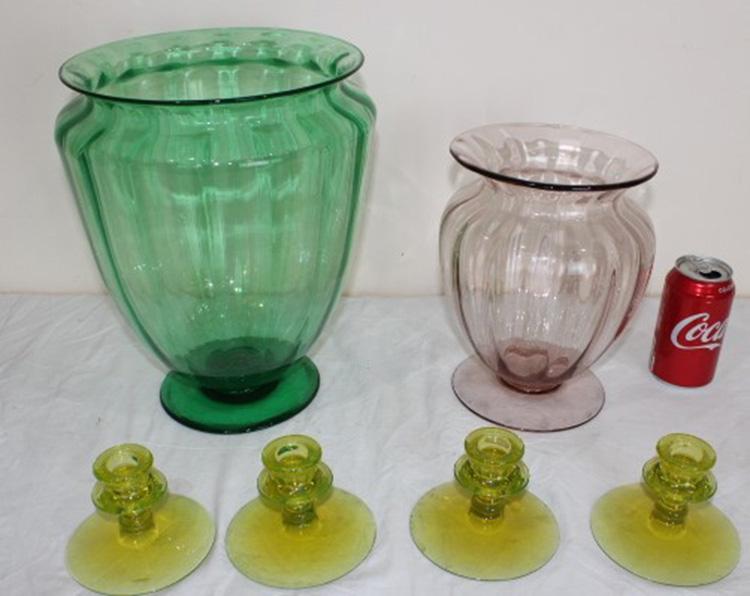 6 Pieces of Steuben Quality Art Glass: 6 pieces of Steuben quality art glass including 13" green with polished pontil, (4) Vaseline candlesticks - one with flick. Large 9" pink vase.