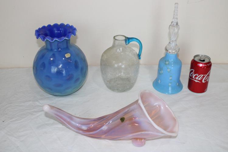 Several Pieces of Art Glass: Several pieces of art glass including large blue cased glass vase signed Bohemia, Horn of Plenty signed Duncan, crackled pitcher with applied handle, blown handle bell. Bell is 12" tall.