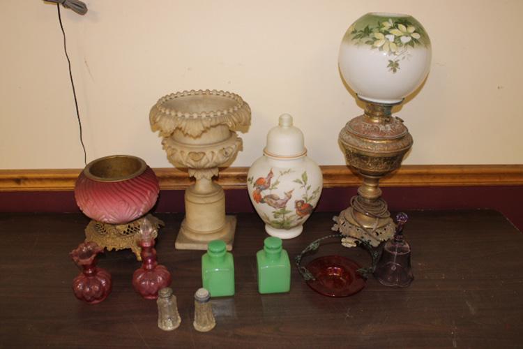 Group of Estate Lamps and Smalls: Group of smalls including marble urn - has a chip. Burmese lamp base, piano lamp, etc.