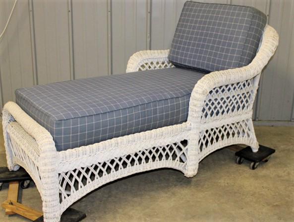 Rolled Arm Wicker Chaise Lounge: Rolled arm wicker chaise lounge. Wicker all good, newly reupholstered. 30" wide, 32" tall, 60" deep.