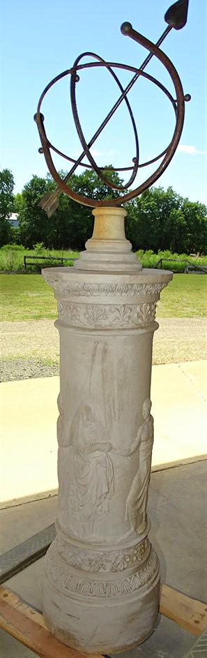 Cast Stone Based Armillary Signed Galloway: Cast stone based armillary signed Galloway. Armillary has a marble base. 17" wide, 63" tall.