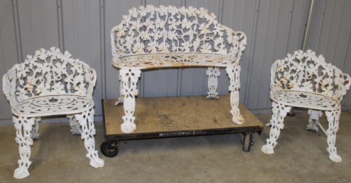 3 Piece Older Cast Iron Grape Pattern Garden Set: 3 piece older cast iron grape pattern garden set. No breaks. (Ridgefield estate). Bench is 36" wide, 30" tall, 18" deep.