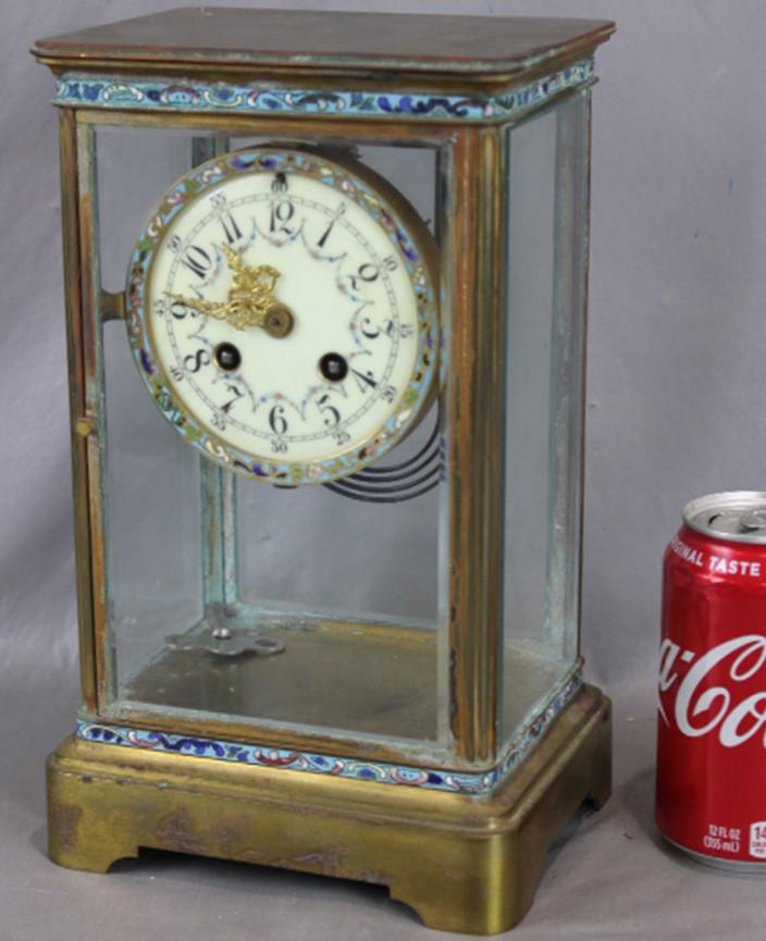 French Crystal Regulator Clock with CloisonnÃ©: Large French crystal regulator clock with cloisonnÃ© trim, porcelain face, and French works. Signed Jappy Freres. France Springs are good. Needs a good cleaning, no pendulum. 7" wide, 11" tall, 5" d