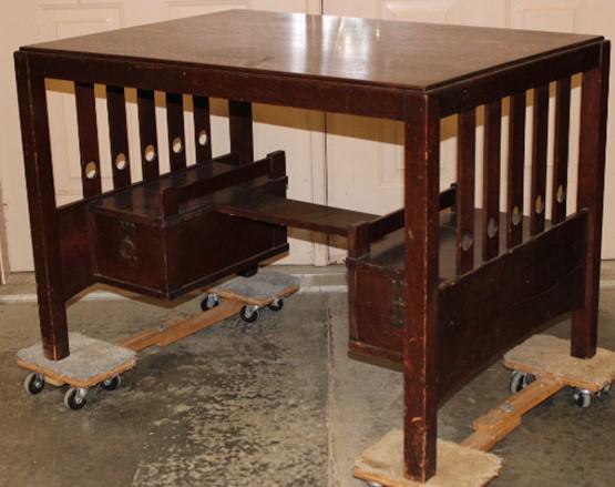Nice 40" Mission Desk Probably Stickley Bros: Nice mission oak desk probably Stickley Bros with cut out sides numbered on the bottom. 40" wide, 28" tall, 28" deep.