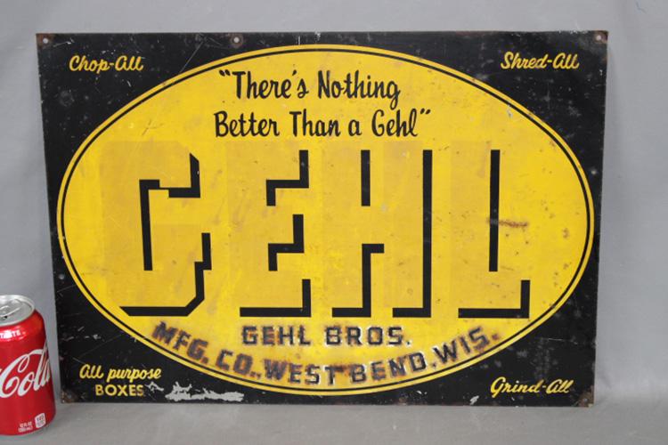 Original Gehl Tin Advertising Sign: Original Gehl tin advertising sign. Little paint flaking. 20" wide, 14" tall.