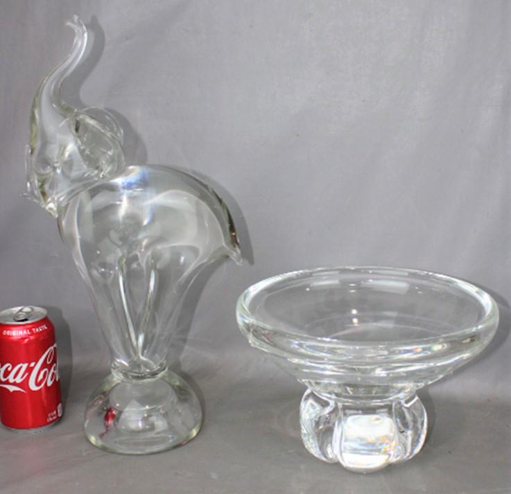 Heavy Signed Steuben Bowl and Unsigned Elephant: Heavy signed Steuben bowl and unsigned elephant with applied base (high quality and perfect). Elephant is 16" tall.