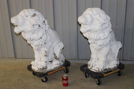 Huge Poured Concrete Lions: Huge poured concrete open mouth lions. Some paint chipping and chip on the base (see photo). Chipping on the back is just the paint. 14" wide, 29" tall, 24" deep.