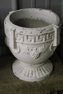 Pair of Small Concrete Planters: Pair of small concrete planters with Greek key and grape design. All good. 13" wide, 14" tall.