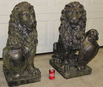 Pair of Classic Poured Concrete Lions with Shields