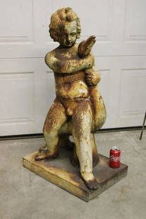 Heavy 40" Cast Iron Puddi Garden Statue: Heavy 40" cast iron Puddi hugging a goose garden statue. All nice, surface rust. 15" wide, 40" tall, 23" deep.