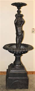 2 Piece Antique Cast Iron Fountain: Two piece antique cast iron fountain, no cracks. 24" wide, 62" tall.