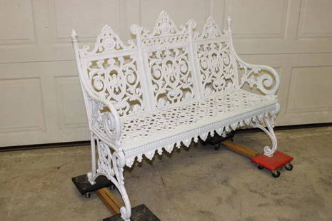 1891 J. L. Mott Cast Iron Bench: 1891 J. L. Mott cast iron bench with fancy back signed and dated 1891. Repair on back leg (see photo). 45" wide, 36" tall, 17" deep.