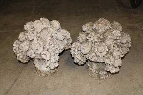 2 Great Poured Concrete Large Finials with Flowers and: (2) great vintage poured concrete large finials with flowers and fruit. In nice condition and patina. 18" wide, 17" tall.