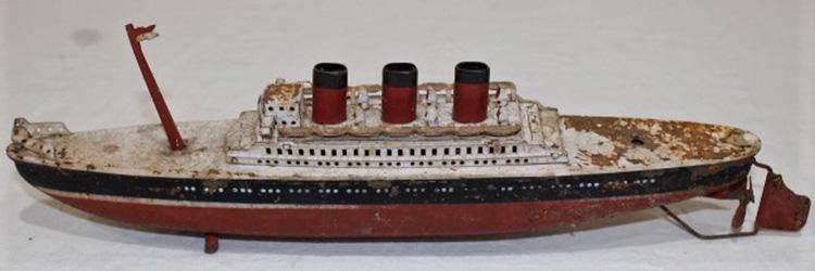 Early Ship Toy in Original Paint: Early ship toy in original paint, some flaking. Probably a clock work toy. Estate fresh. 13" long.