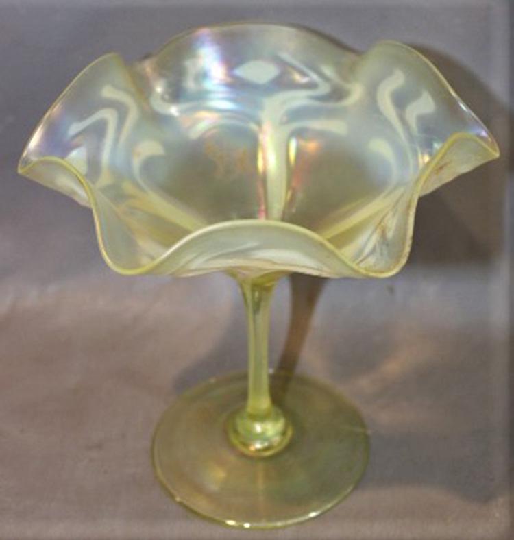High End Art Glass Compote: High end art glass compote with nouveau lace, very thin. 6" wide, 6" tall.