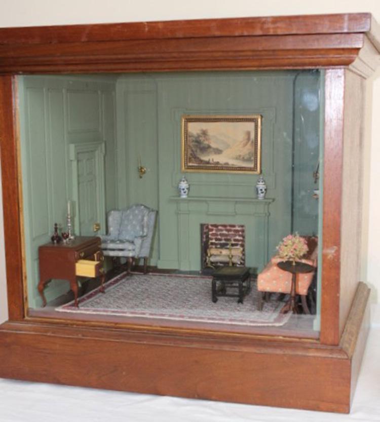 Exceptional Diorama of a Period Room: Exceptional diorama of a period room with lowboys, wingbacks, paintings, etc. 18" wide, 16" tall, 13" deep.