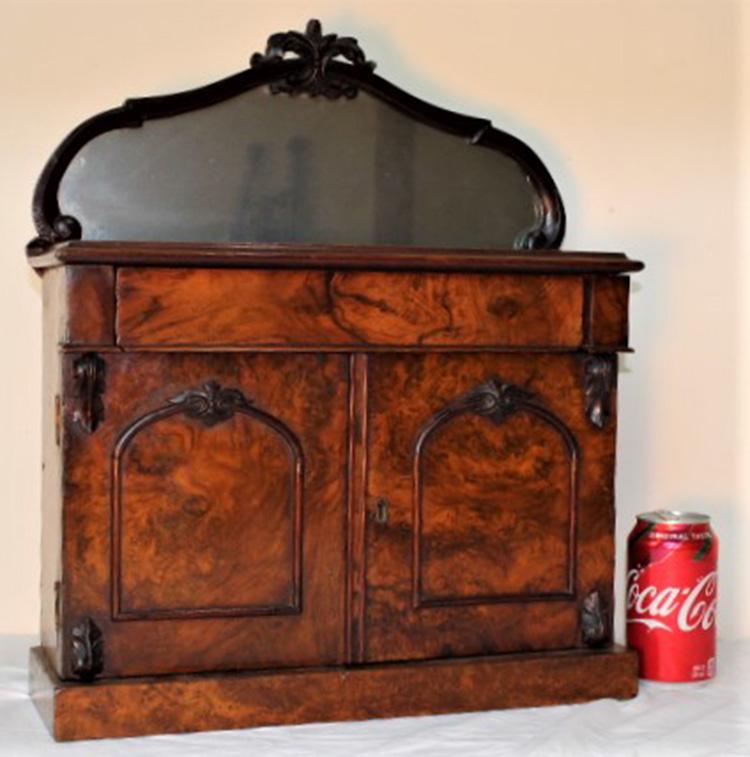 Miniature Victorian Salesman Sample Sideboard: Miniature Victorian 1870-1880's salesman sample sideboard in original finish with mirror burled all around. 16" wide, 19" tall, 5" deep.