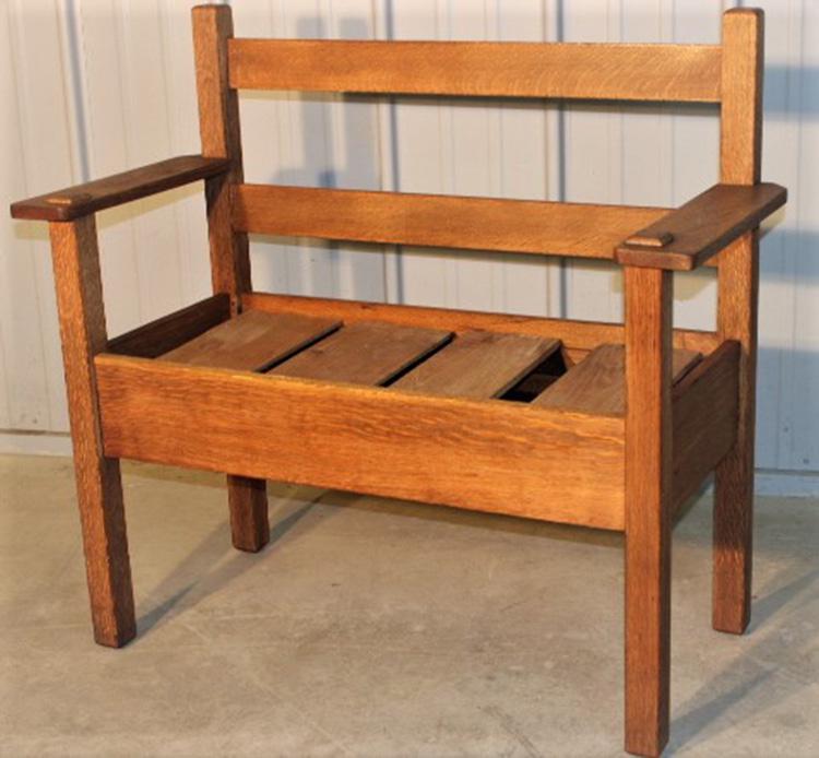 Nice Small Mission Oak Bench: Nice small mission oak bench, pinned on back of the arms. Nice shape, no cushions. 39" wide, 36" tall, 18" deep.