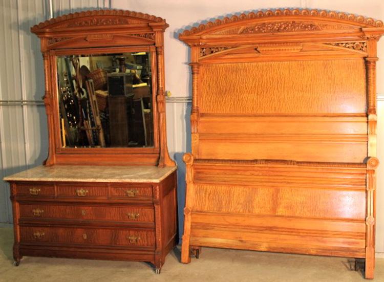 Massive Aesthetic 2 Piece Marble Top Bedroom Set: Massive aesthetic 2 piece chestnut and burl marble top bedroom set with rose colored marble and heavy floral carved crest. Bed is 59" wide, 80" tall.