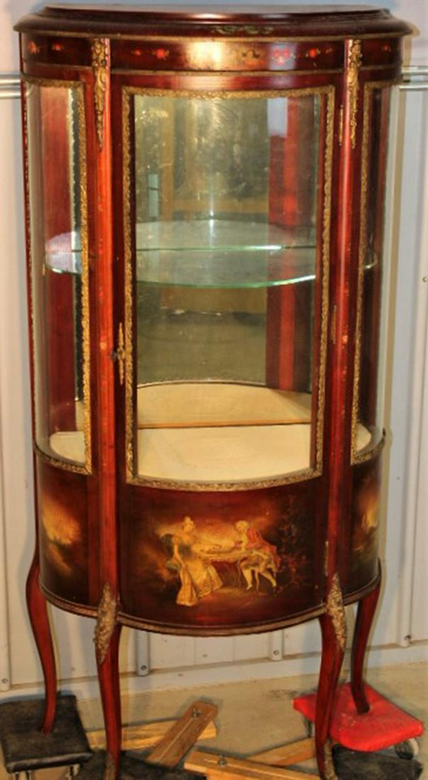 Verni Martin Curio Cabinet: Hand painted Victorian Verni martin curio cabinet with scenic front panel glass shelves and mirrored back. 26" wide, 55" tall, 13" deep.