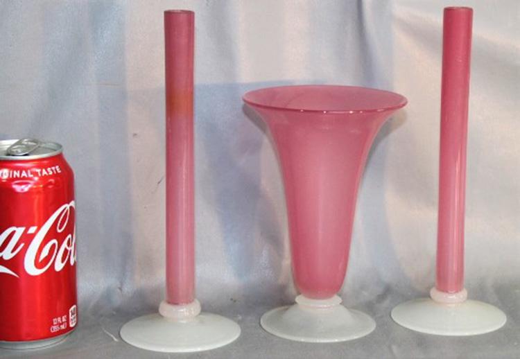 3 Piece Steuben Vase and Center Piece: 3 piece Steuben vase and center piece in pink. All good condition. Vases are 8" tall.