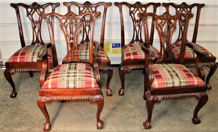 Set of 6 Chippendale Style Chairs: Set of 6 fancy Chippendale style chairs all with ball and claw feet in solid mahogany with 2 arm chairs. C. 1970-1980s.