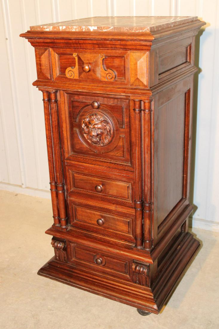 Great Victorian Marble Top Humidor: Great Victorian marble top tobacco humidor with marble lined humidor and carved lion head plaque. 18" wide, 36" tall, 18" deep.