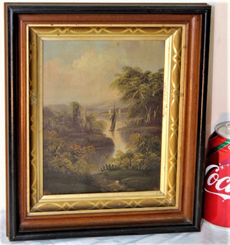 Sweet Small 19th C. Oil on Board: Sweet small 19th C. oil on board of mountains, sail ship, etc. in a walnut frame. 9" wide, 10" tall.
