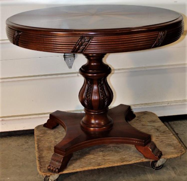 36" Custom Inlaid Center Table: 36" custom inlaid center table with fancy post and skirt with star inlay on top. 36" wide, 30" tall.