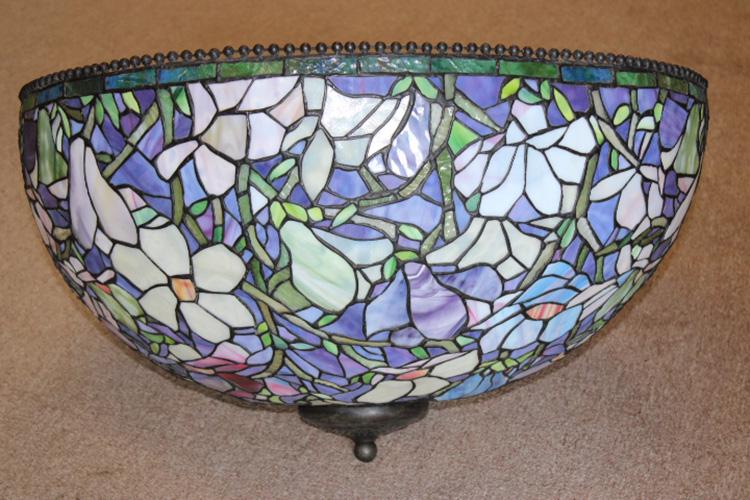 Tiffany Style 28" Leaded Dome: Tiffany style 28" leaded dome. Very colorful, can be hung upside down from the ceiling or put on a large floor lamp (not antique). 28" wide, 14" deep.