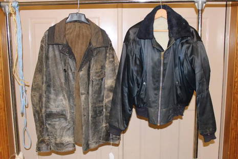 Well Worn Leather Flight Jacket: Well worn leather flight jacket and another jacket owned by John Bartholf descendant of Alexander Hamilton.