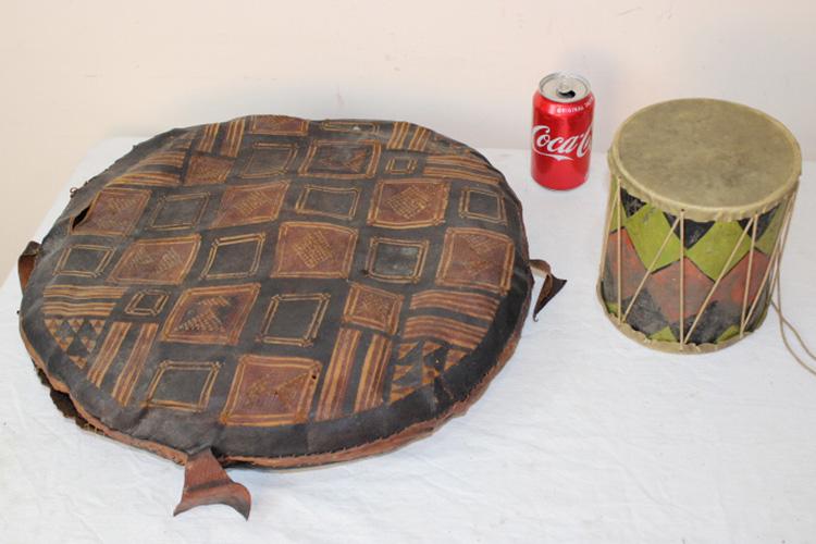 Indian Pillow and Drum: Indian pillow and drum. Pillow is early leather, horse hair filled and signed. Some stitching, needs redoing. 20" round.