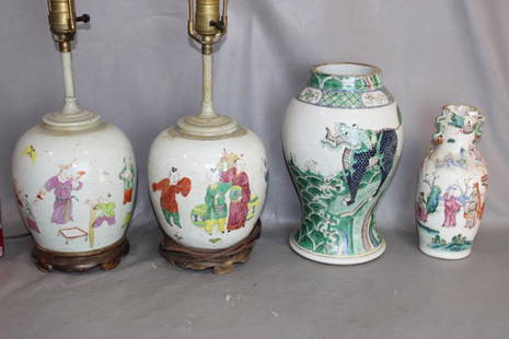 4 Antique Oriental Porcelain Pieces: 4 antique oriental porcelain pieces. (2) early rose jars made into lamps and (2) oriental center pieces for lamps. (1) with a chip. Largest is 11" tall.