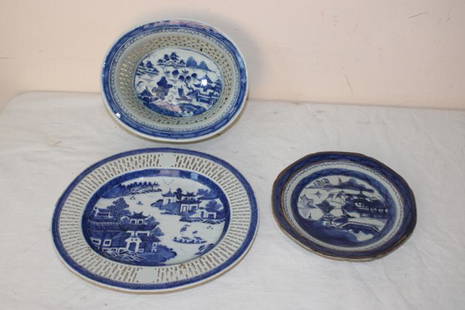 3 Nice Pieces of Early Canton: 3 nice pieces of early canton including fruit basket and underplate (perfect). 7" plate with a 1" line.