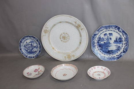 6 Pieces of 18th C. Oriental: 6 pieces of 18th C. including (1) 11 plate 1730-1760. The small blue plate has a couple of hair lines, others look good.